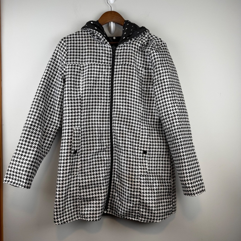 Reversible Houndstooth Polka Dot Jacket Size L Black White Hooded Outerwear